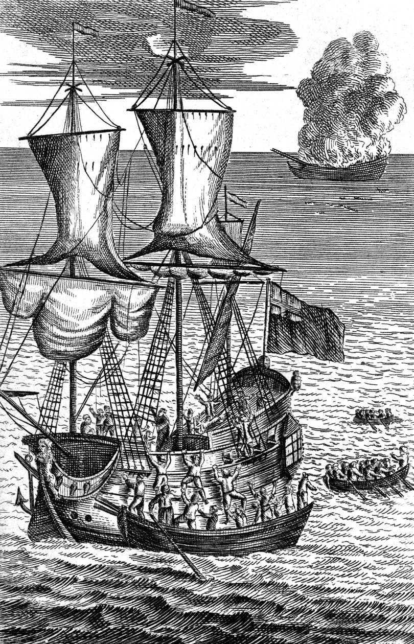 鲁滨逊·克鲁索（Robinson Crusoe）在海上救助了船员着火，c1719 作者 不明