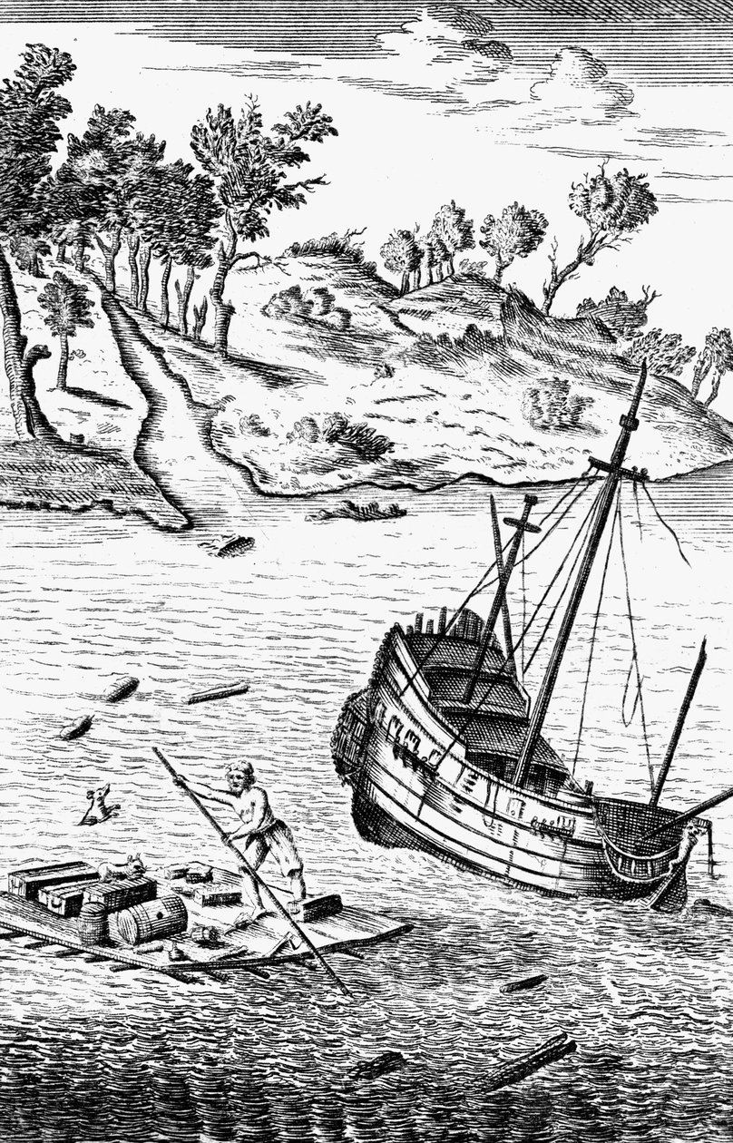 鲁滨逊·克鲁索（Robinson Crusoe）将自己的货物从船残骸中救出，c1719 作者 不明