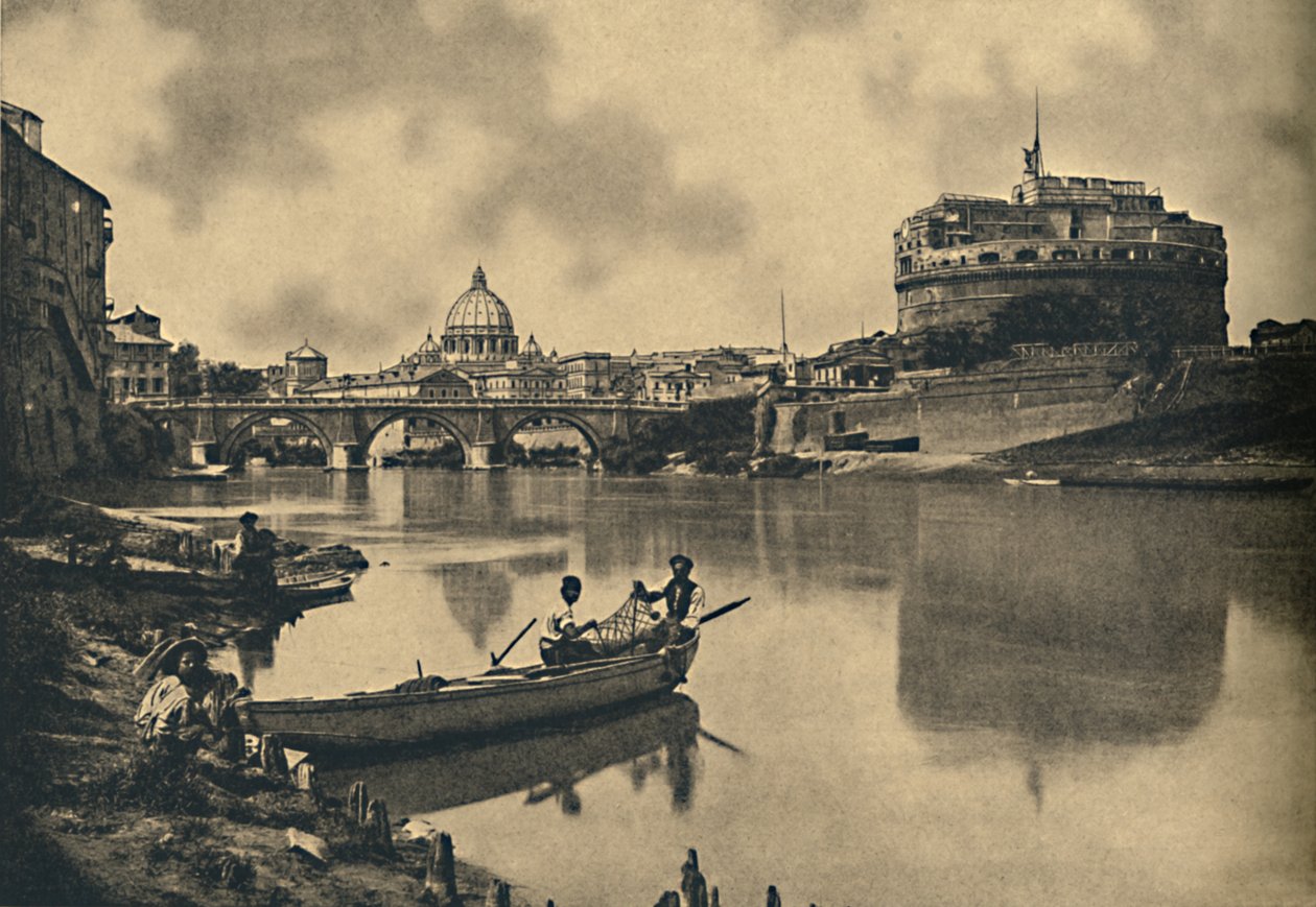 罗马-台伯河-圣安吉洛城堡和大桥。圣彼得大教堂圆顶，1910年 作者 不明