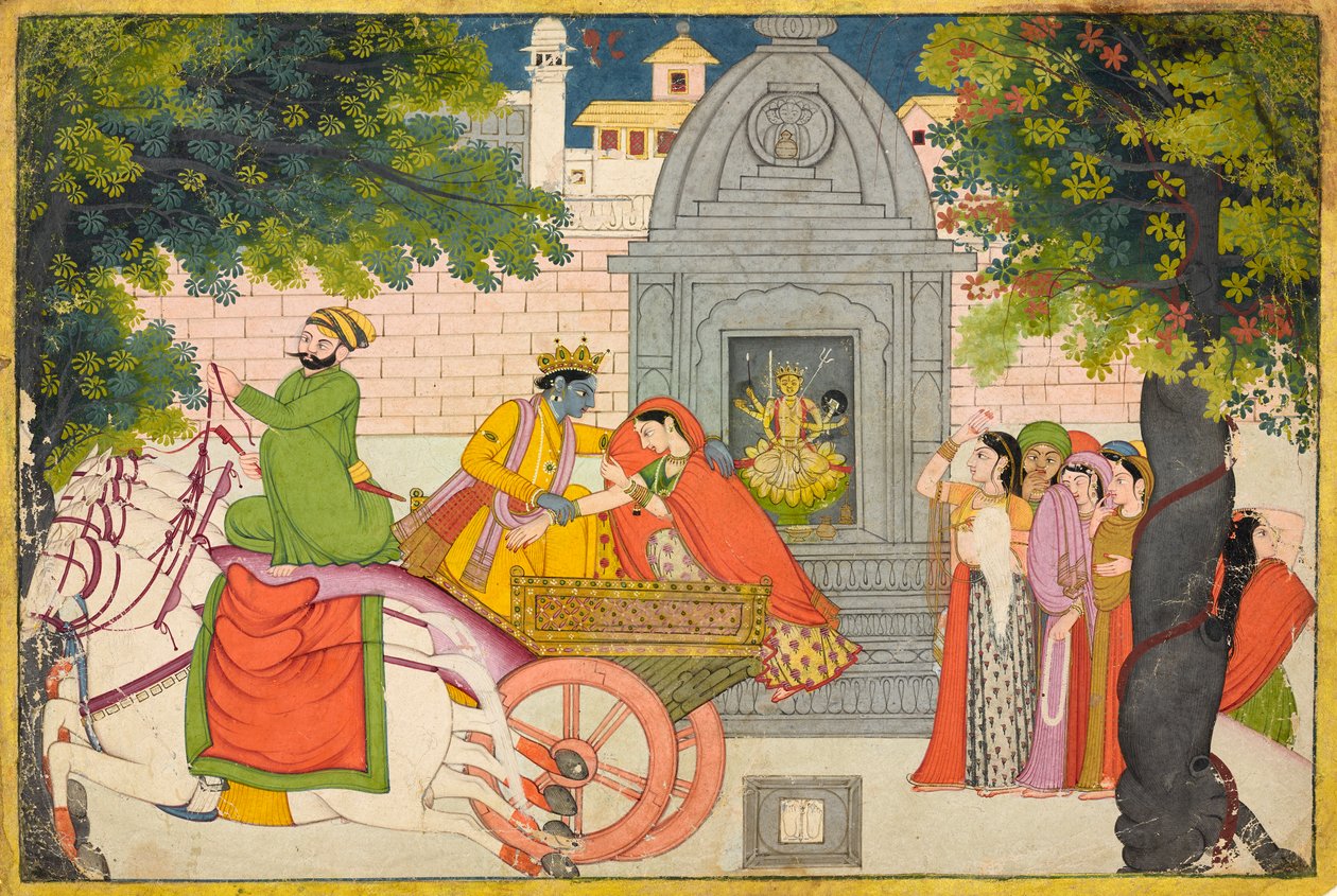 Rukmini与Krishna私奔，来自Bhagavata Purana的对开页，约1780年。 作者 不明