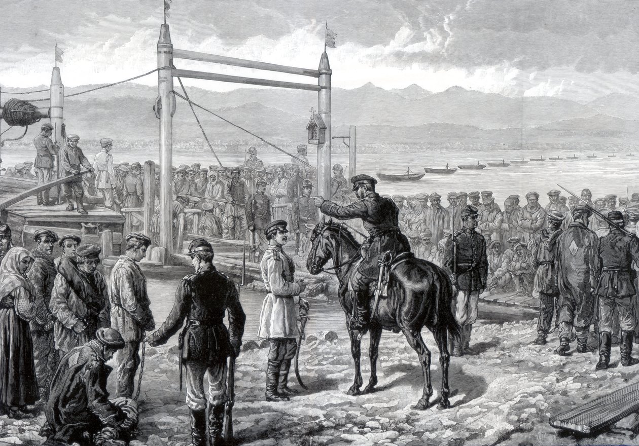 1882年，在军事陪同下的俄罗斯罪犯等待渡过西伯利亚叶尼塞河 作者 不明