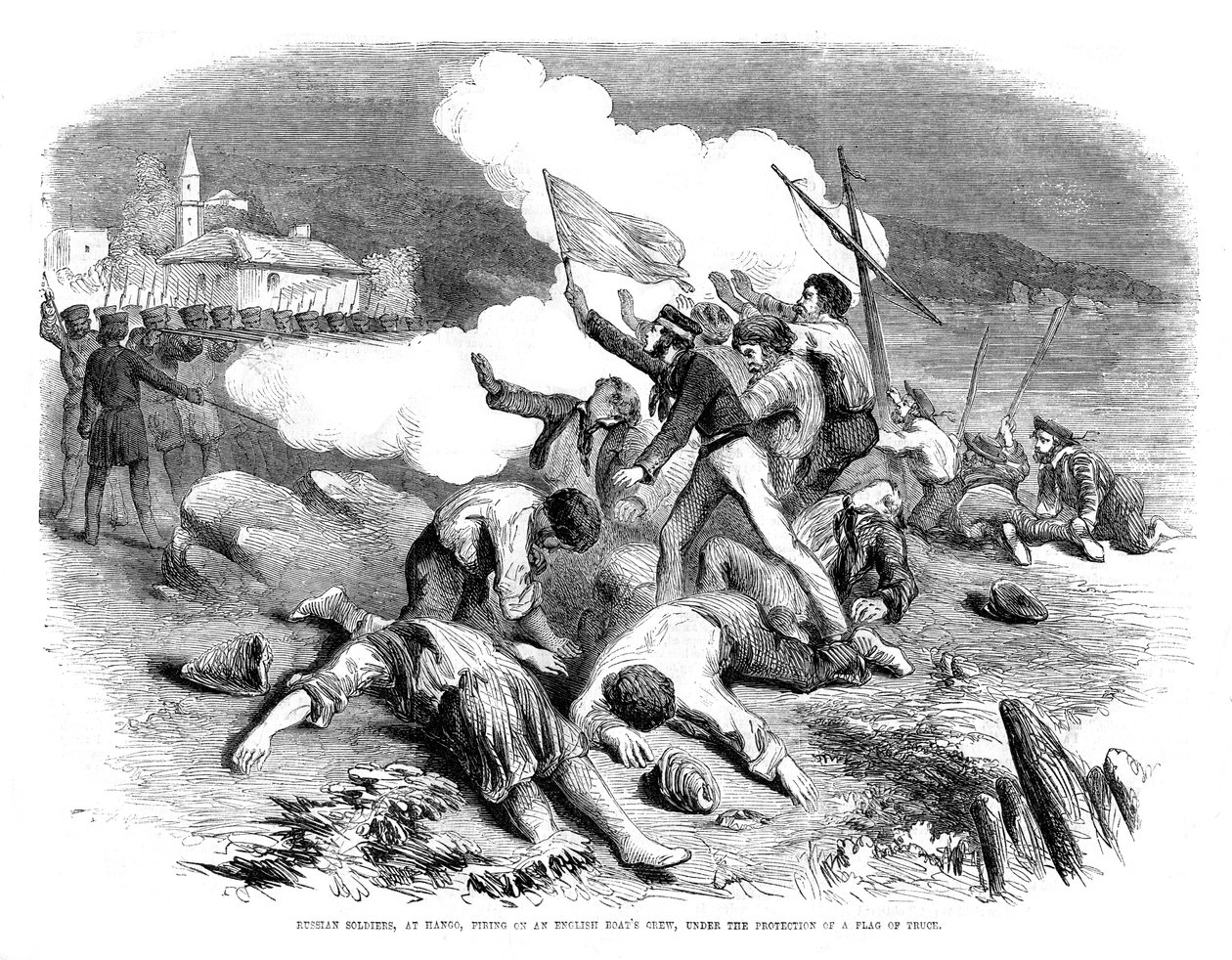 1855年，俄罗斯士兵在休战旗的保护下向英国船员开火 作者 不明