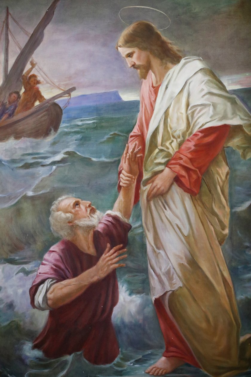 Saint-Grat church. Painting. Peter walked on the water towards Jesus, but he became afraid and began to sink, and Jesus rescued him. Valgrisenche. Italy. 作者 不明