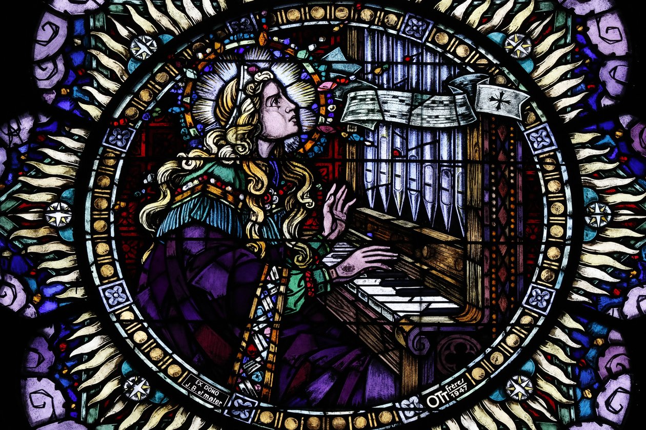 Saint-Pierre le Jeune Catholic Church. Rose window. Sancta Cecilia, the musicians