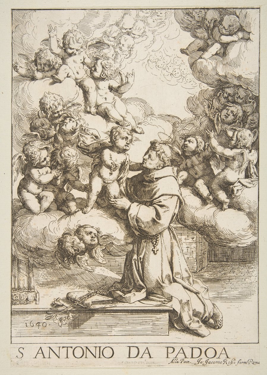 帕多瓦（Padua）的圣安东尼（Saint Anthony）崇拜基督儿女，复制于坎塔里尼（Cantarini），1640年。 作者 不明