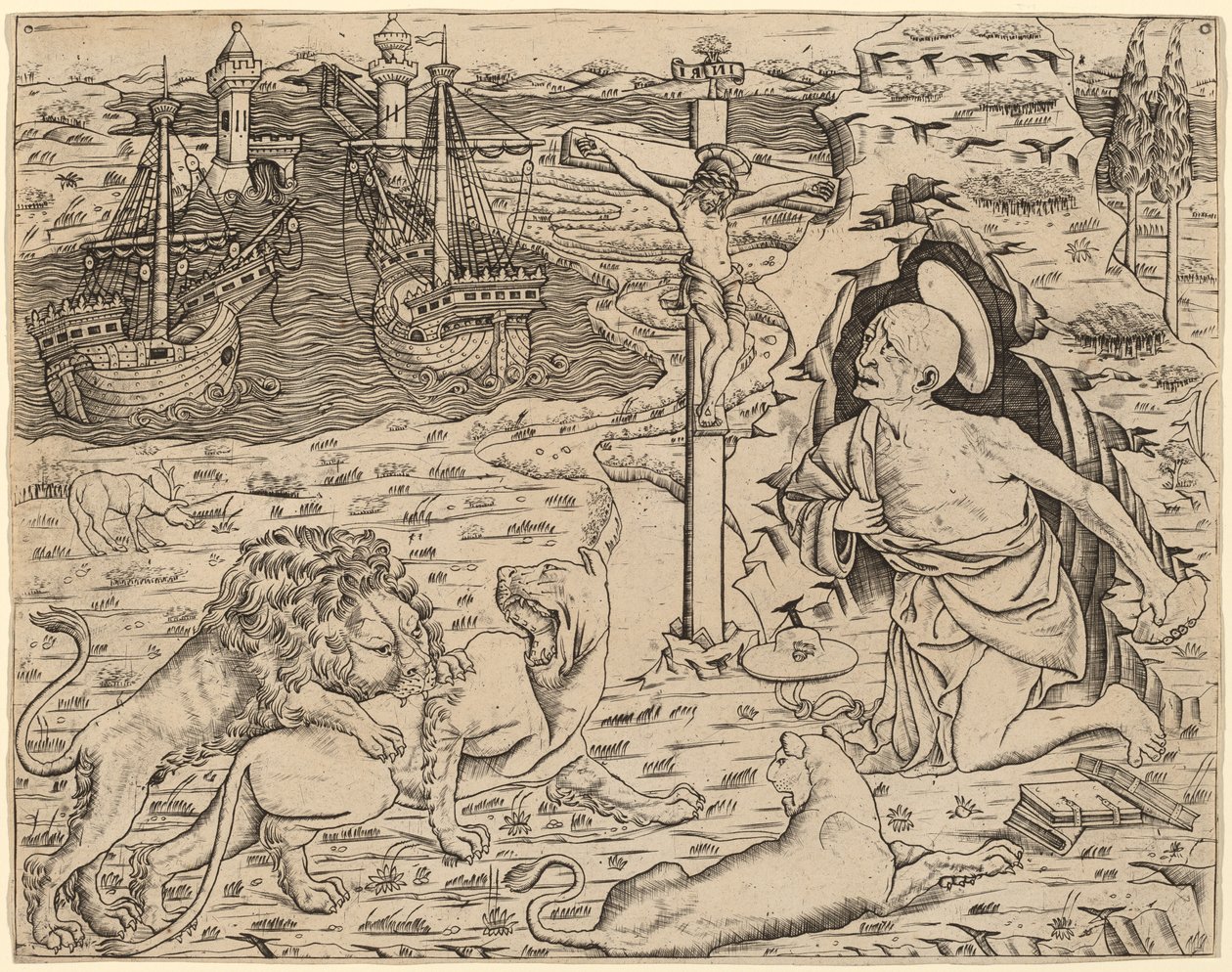 忏悔中的圣杰罗姆，与港口中的两艘船，约1480-1500年。 作者 不明