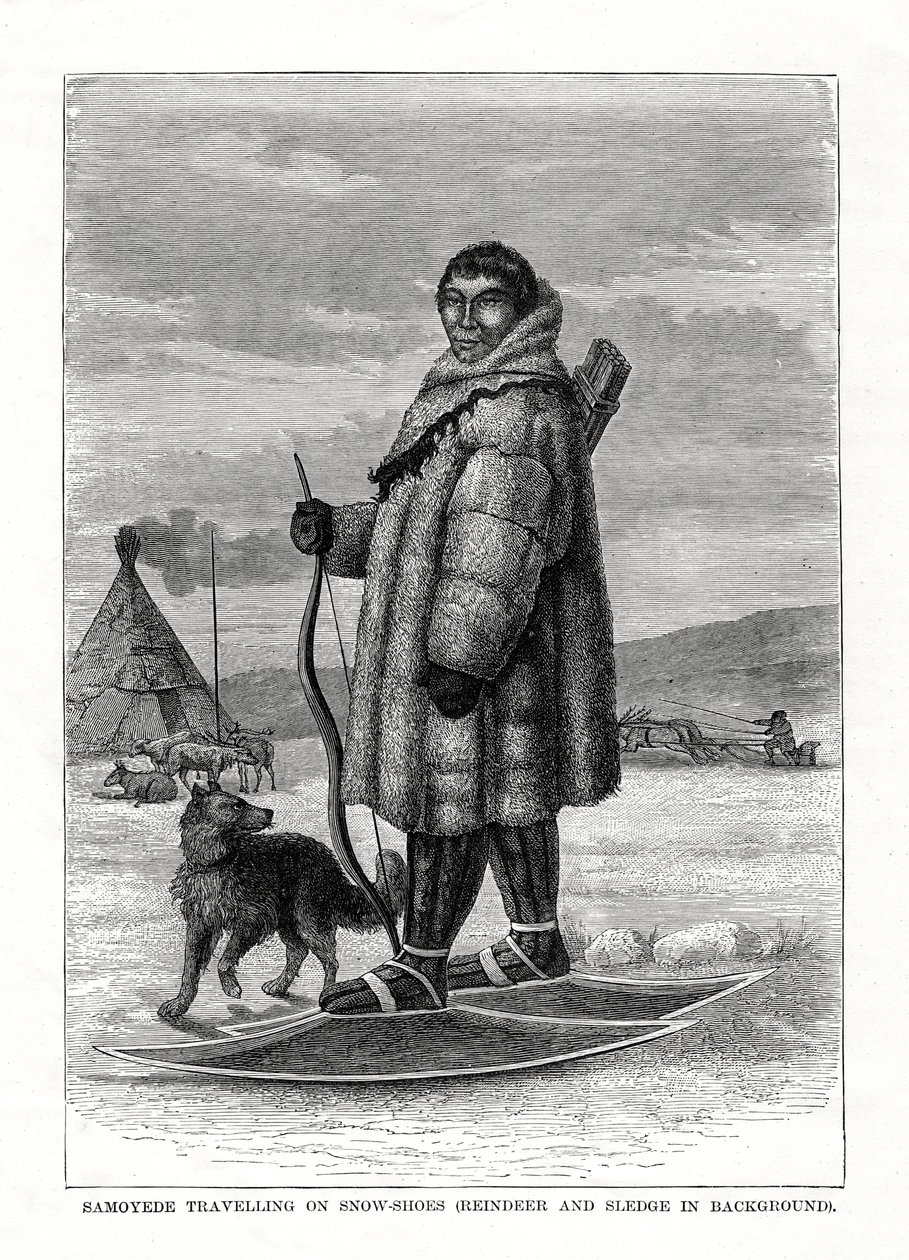 萨摩耶德（Samoyede）乘雪鞋旅行，俄罗斯，1877年 作者 不明