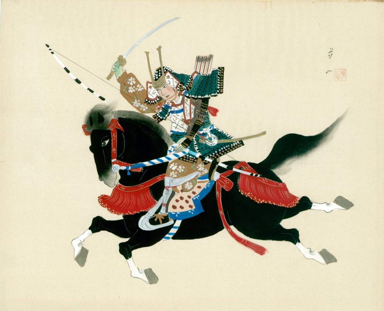 武士骑马。传统日式丝绸画 作者 不明