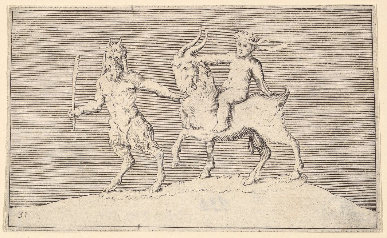 萨特尔（Satyr）领先的山羊，婴儿在上面骑行。 1599-1622。 作者 不明
