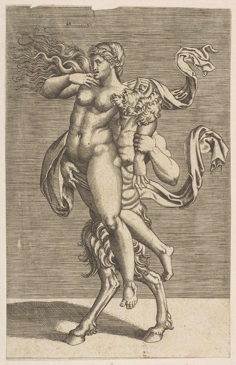 萨特（Satyr）举着若虫，约束她的右臂，约。 1515-1600。 作者 不明