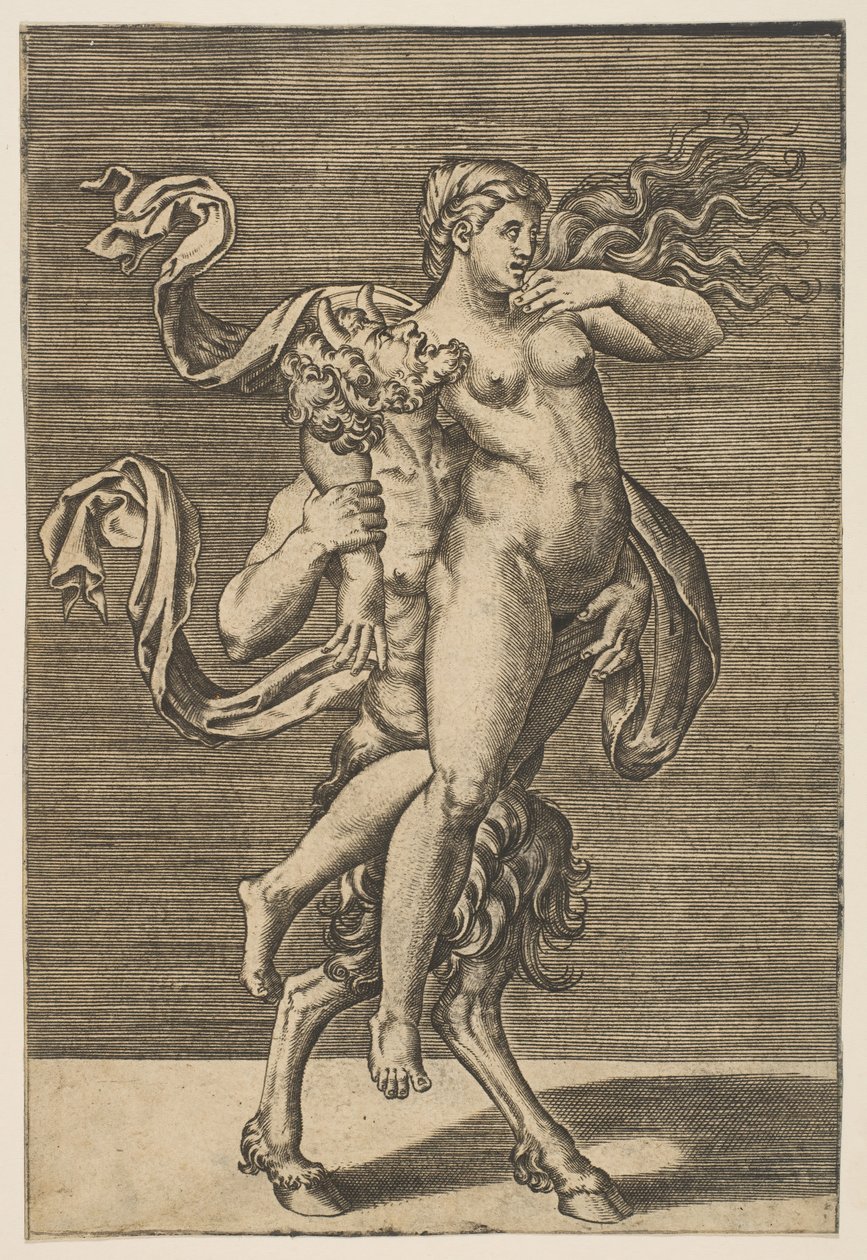 萨特（Satyr）举着若虫，约束她的右臂，约。 1515-1600。 作者 不明