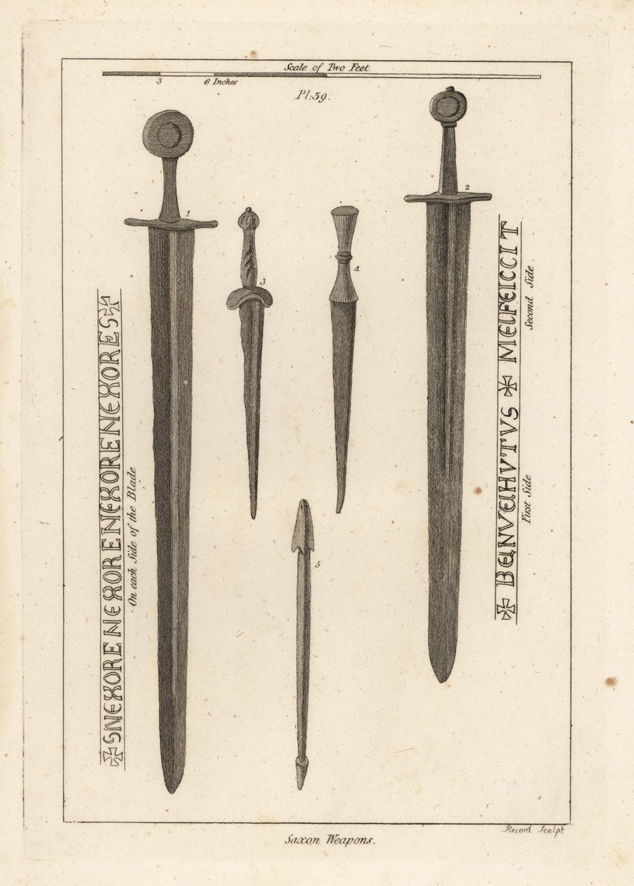 Saxon weapons: ancient iron sword 1,2, and dirks and daggers 3,4 found in the River Wytham, Lincolnshire, and a crossbow bolt found in the camp at Danbury, Essex 5 作者 不明