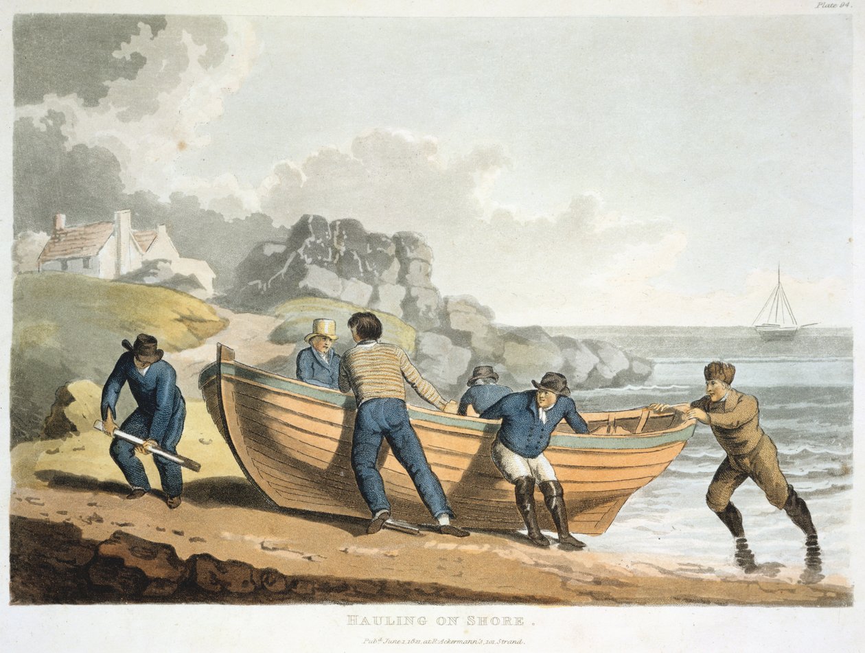 海员将熟料建造的小艇拖到岸上，1821年 作者 不明