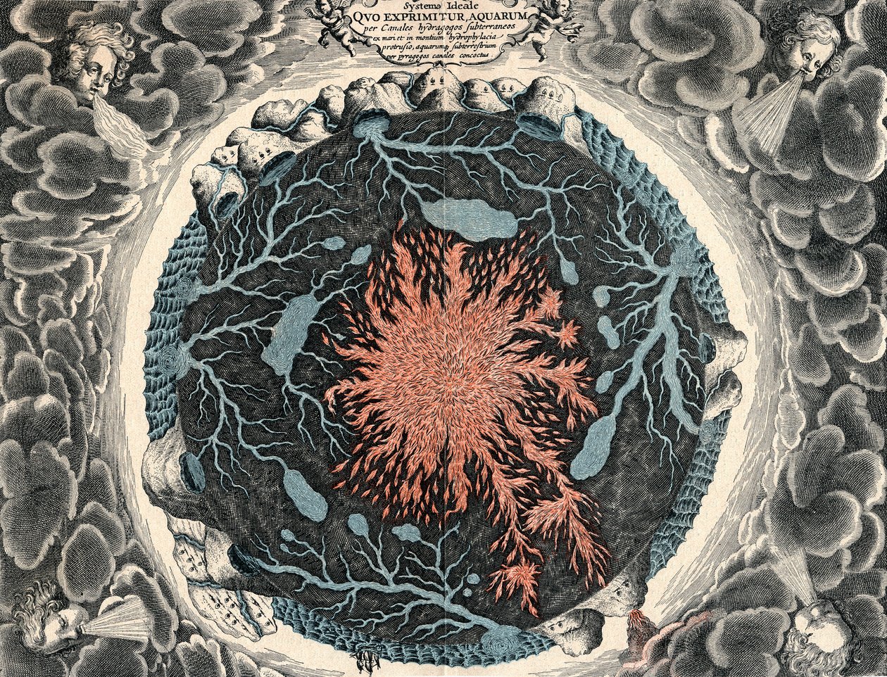 地球剖面图，显示中央烈火和与海洋相连的地下运河，1665年 作者 不明