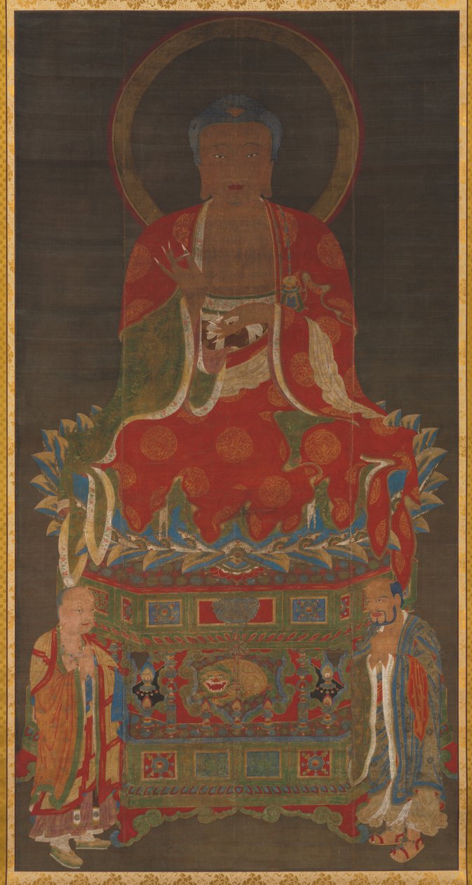 释迦牟尼三合会：佛像，由文殊菩萨和普贤菩萨参加，建于1300年代。 作者 不明