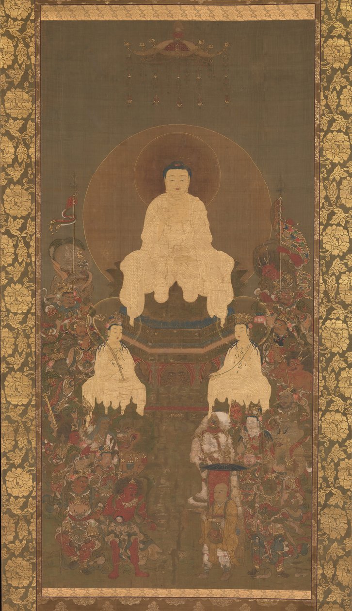释迦牟尼三人组与《大智度论》中的十六位护法，14世纪末。 作者 不明