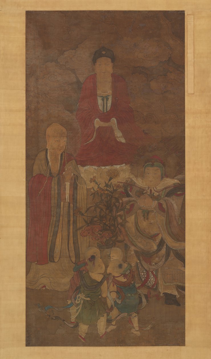 释迦牟尼与罗汉、天王和男孩，17世纪初。 作者 不明