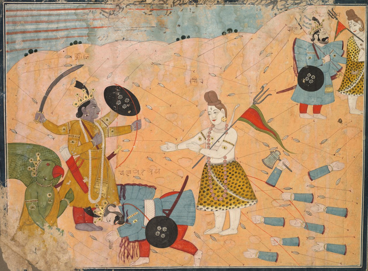 湿婆（Shiva）为瓦纳苏拉（Vanasura）代祷：克里希纳·里拉（Krishna Lila）阿尼鲁达（Anuruddha Usha）节的场景，c。 1840年。 作者 不明