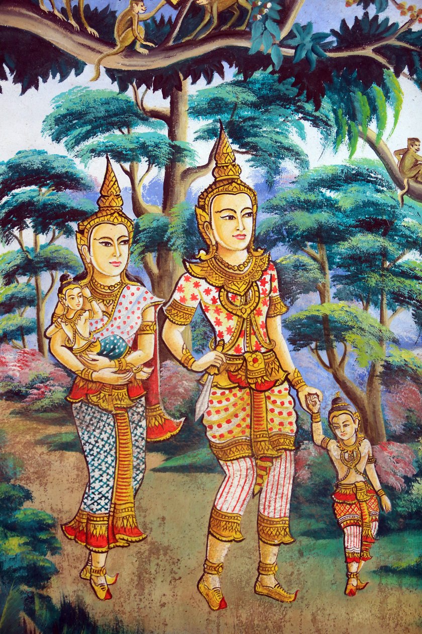 Siddhartha Gautama, his wife Yashodhara and his son Rahula. Painting depicting the life story of Shakyamuni Buddha. Wat Naxai. Vientiane. Laos, 20151106, Vientiane, Laos 作者 不明