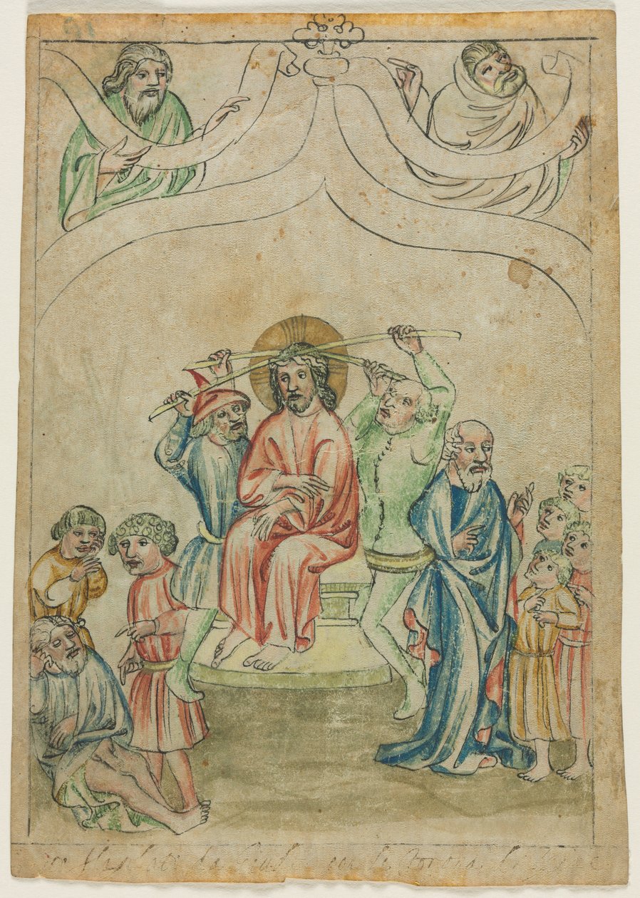 圣经》（Biblia Pauperum）的单片叶子：背负十字架的基督c。 1410。 作者 不明