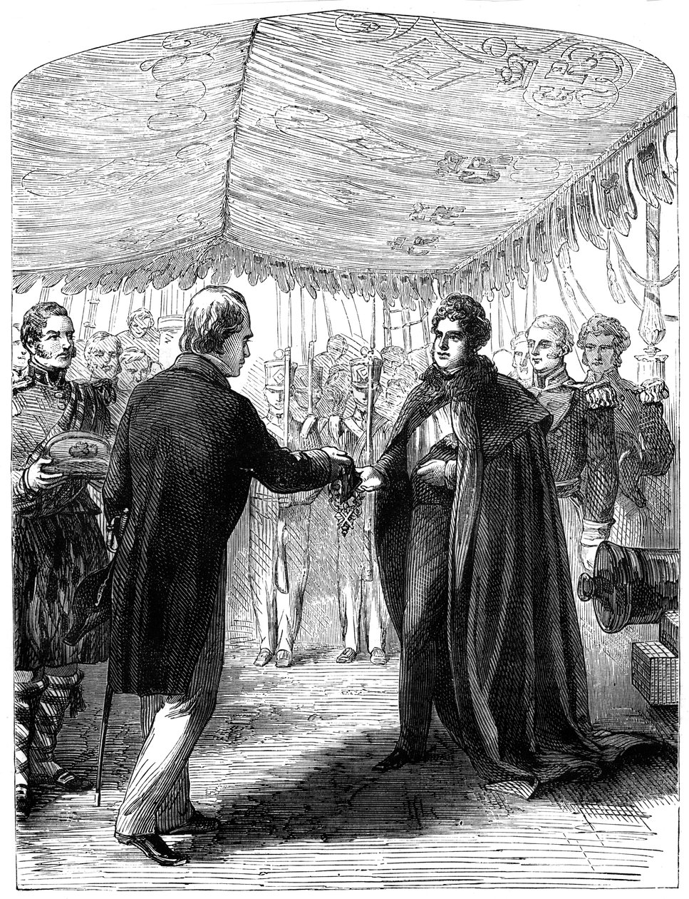 沃尔特·斯科特爵士（Sir Walter Scott）向圣乔治四世（King George IV）展示圣安德鲁十字架（1828） 作者 不明