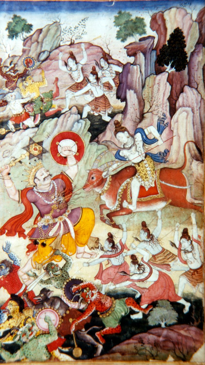 湿婆消灭恶魔和哈卡，Harivamsa手稿，莫卧儿学校，约1590年 作者 不明