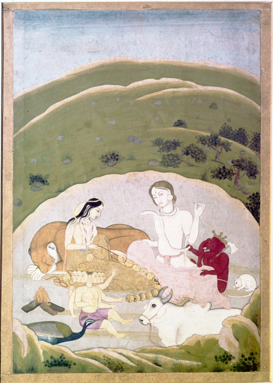 湿婆和帕尔瓦蒂与他们的孩子甘尼什和卡蒂克亚在凯拉什山上，约1745年 作者 不明