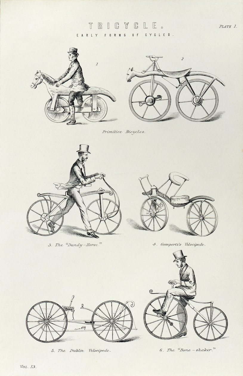 六种早期形式的自行车，c1870 作者 不明