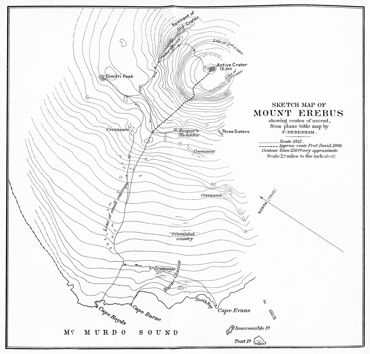 埃雷布斯山（Erebus）的草图地图，显示了1913年c1312年的上升路线 作者 不明