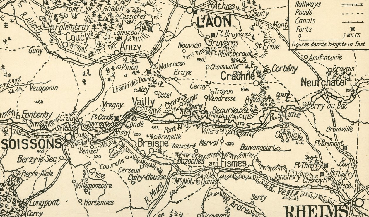 索森（Soissons）上方埃纳河谷的素描地图，1914年，c1920年。 作者 不明