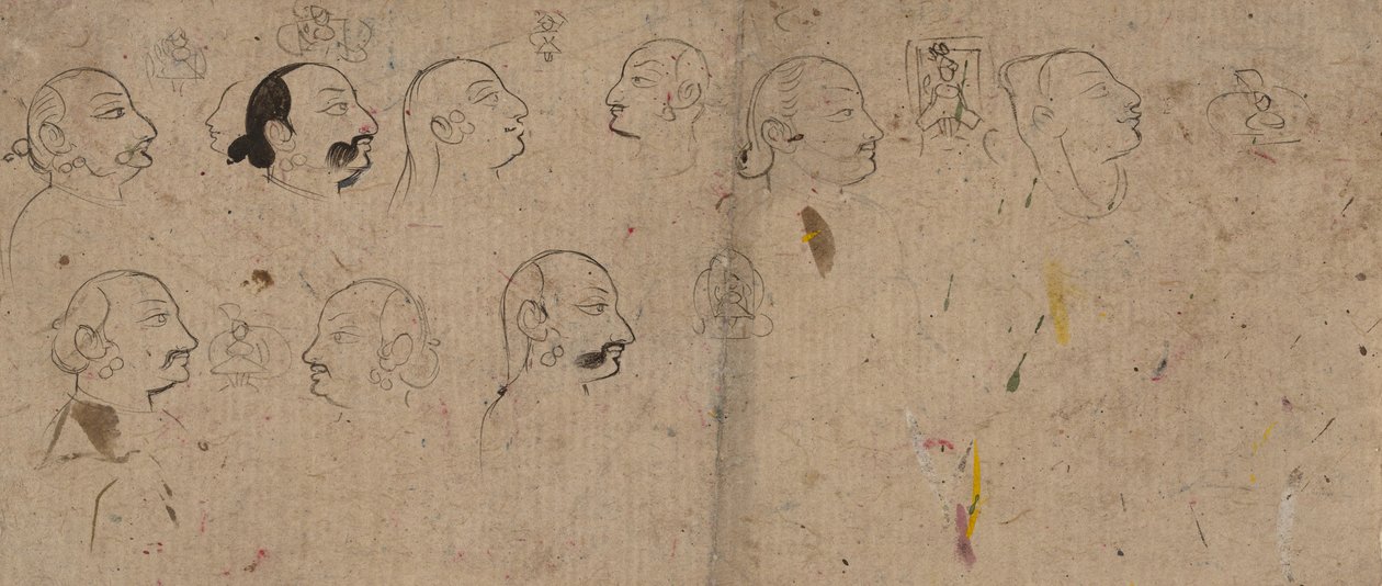 面部研究素描页，可能是马哈拉奥-基肖尔-辛格，约1830年。 作者 不明