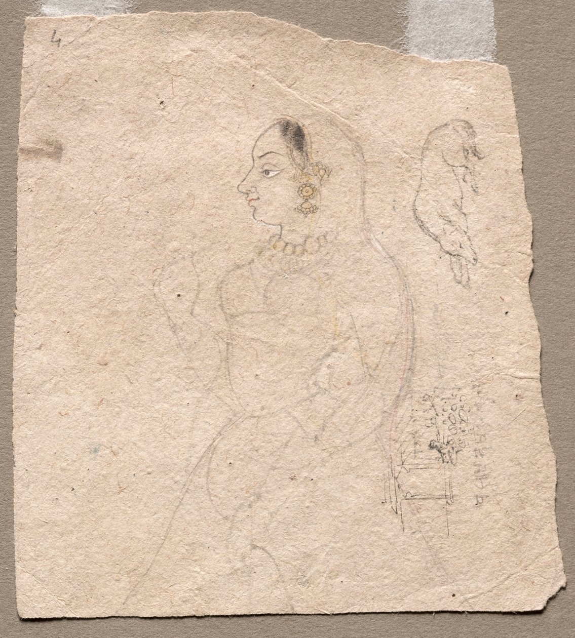 一个女人与一头大象和其他动物，1700年代的素描。 作者 不明