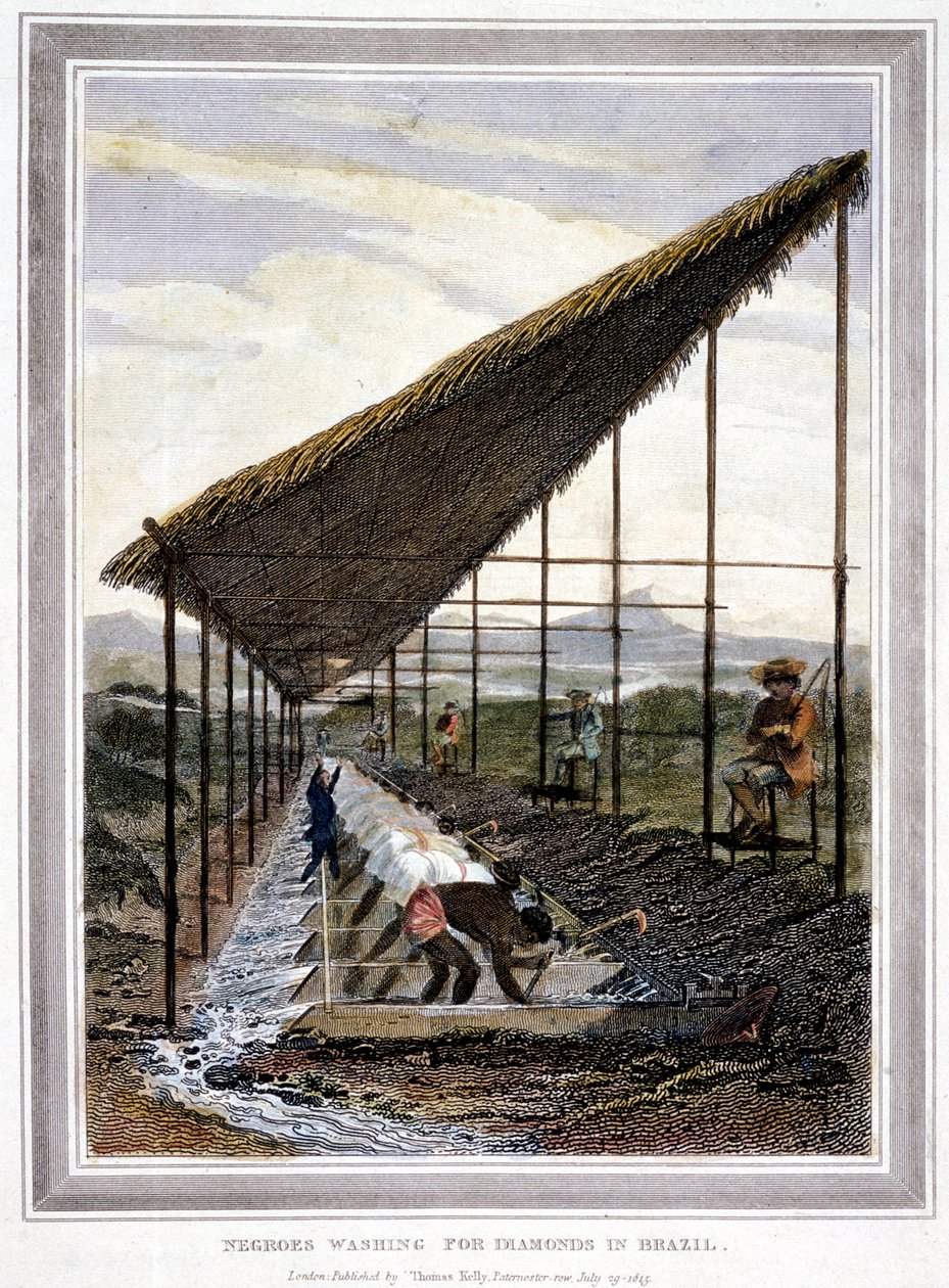 1815年，巴西，拿着鞭子的监督员看守着清洗钻石的奴隶。 作者 不明