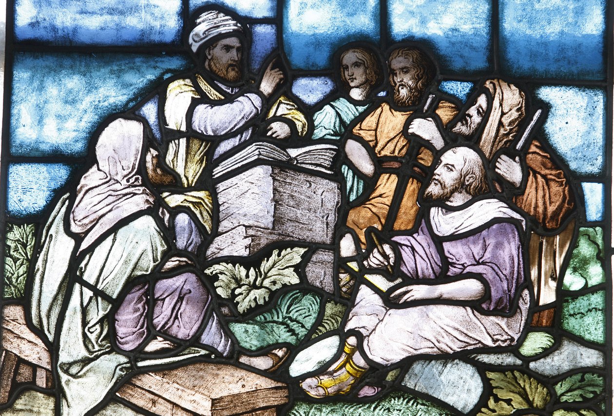 Stained glass : Abraham studying the Tora woth the people of Israel, Budapest, Hongrie 作者 不明