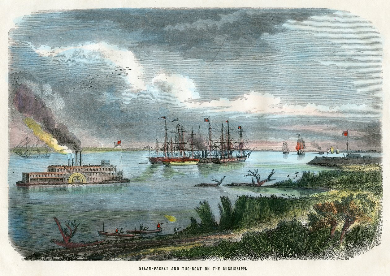 美国密西西比河上的蒸汽包和拖船，c1875 作者 不明
