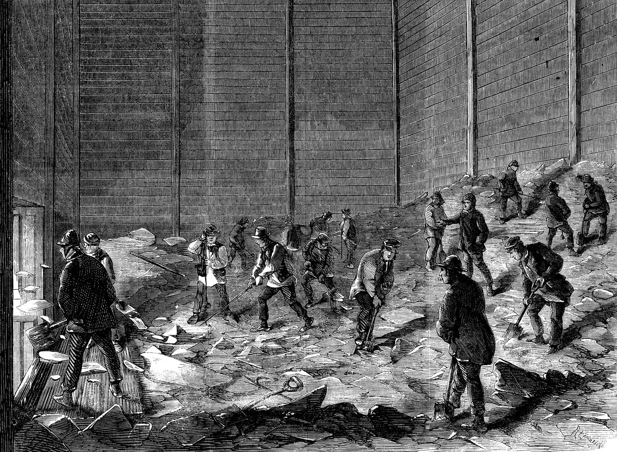 1861年在伦敦切尔西的查尔斯制冰店的隔热棚子中储冰 作者 不明