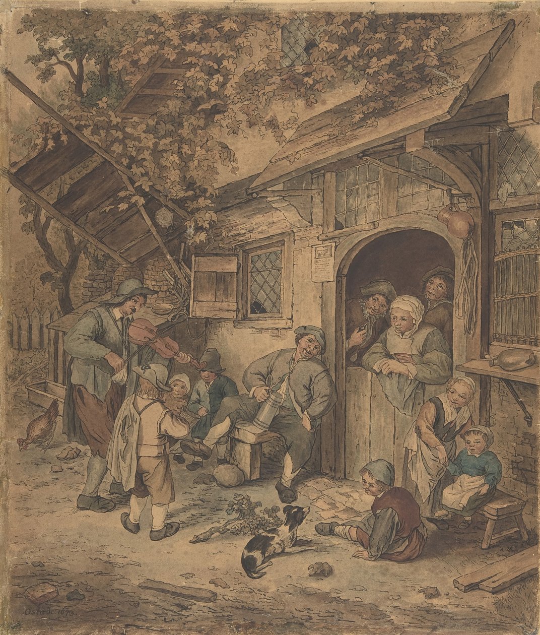 在酒馆门口漫步的小提琴手，1625-85。 作者 不明