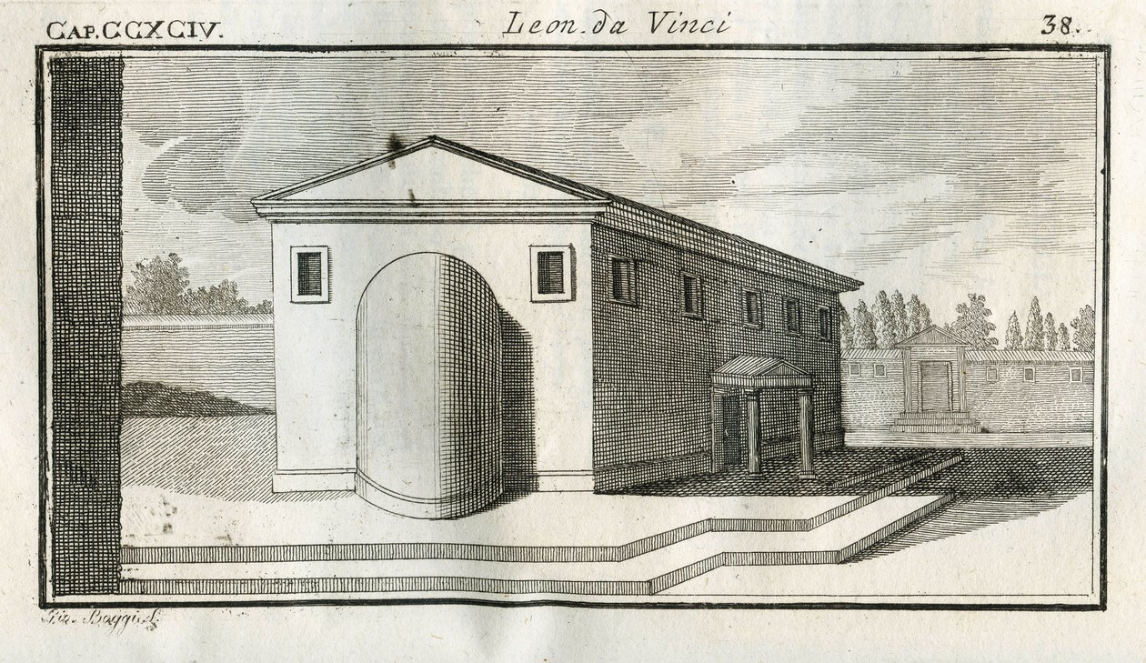 Studies on the sovrapposizione di edifici. “” Quando li corpi di convessa superficie terminano sopra altri corpi di egual colore, il termine del convesso apparira piu oscuro.”” Engraving from “” Treat of Painting”” by Leonardo da Vinci (Leonard de Vinci) ( 作者 不明