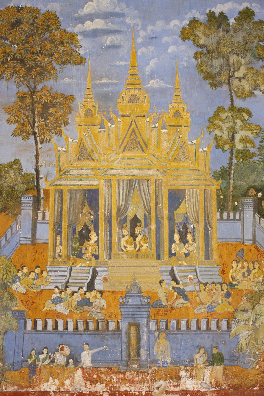 Sylver Pagoda 这幅壁画描绘了 Reamker 的场景，它是柬埔寨或高棉经典印度诗歌《罗摩衍那》的版本，柬埔寨金边 作者 不明