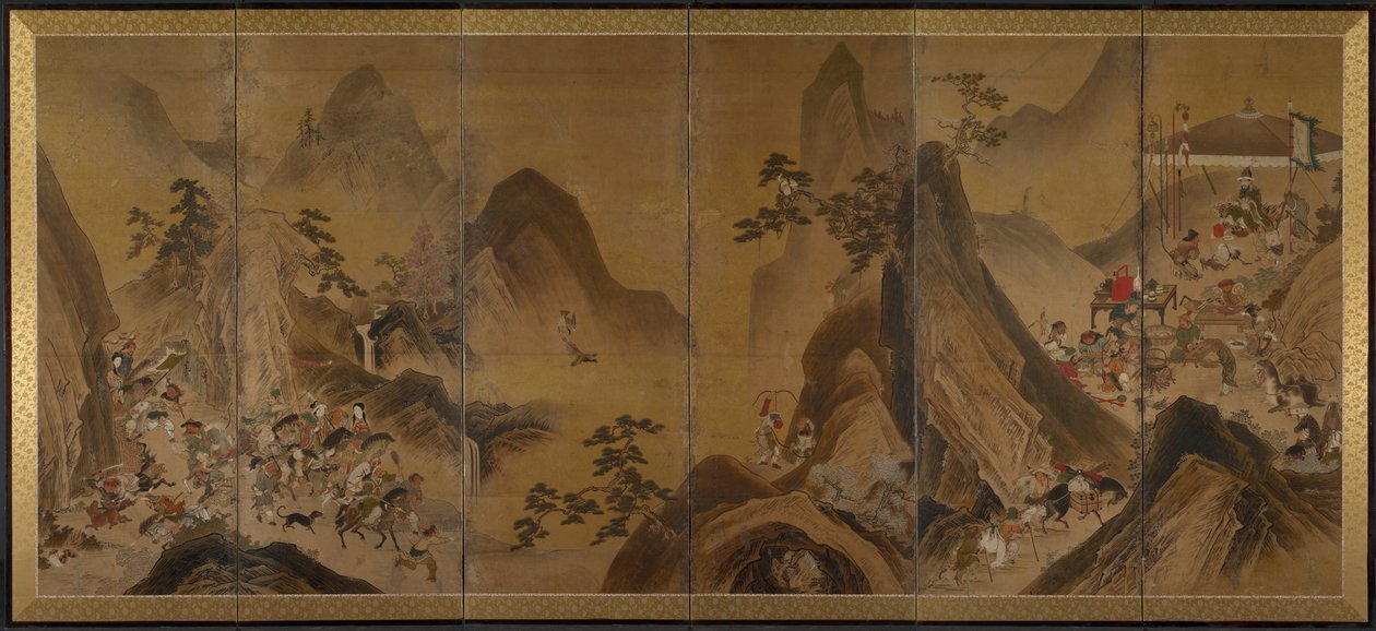 1600年代上半年在山地景观中狩猎人。 作者 不明