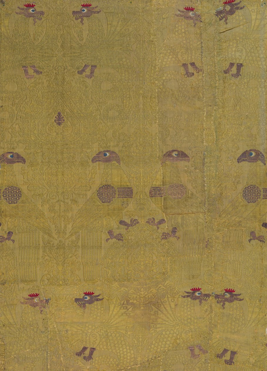 纺织品，鸟，龙和棕榈图案，意大利，13-14世纪。 作者 不明