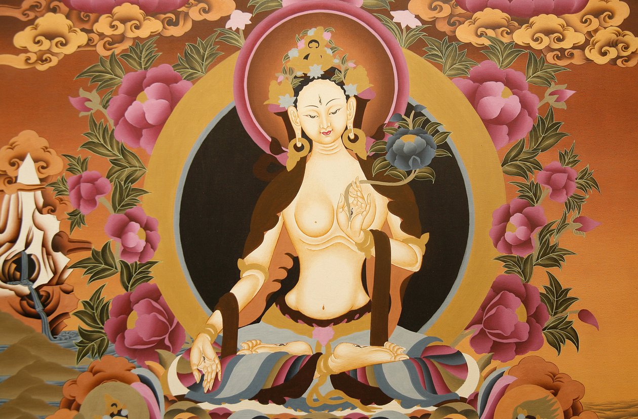 Thangka depicting White Tara goddess, Buddhist symbol of long life, Bhaktapur, Nepal 作者 不明