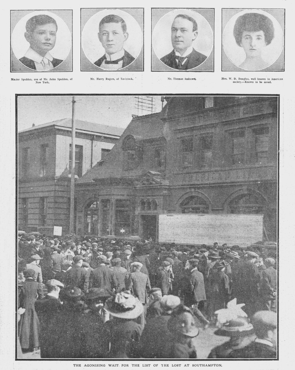 1912年4月20日，在南安普敦举行的《痛苦的等待失落者名单》。 作者 不明