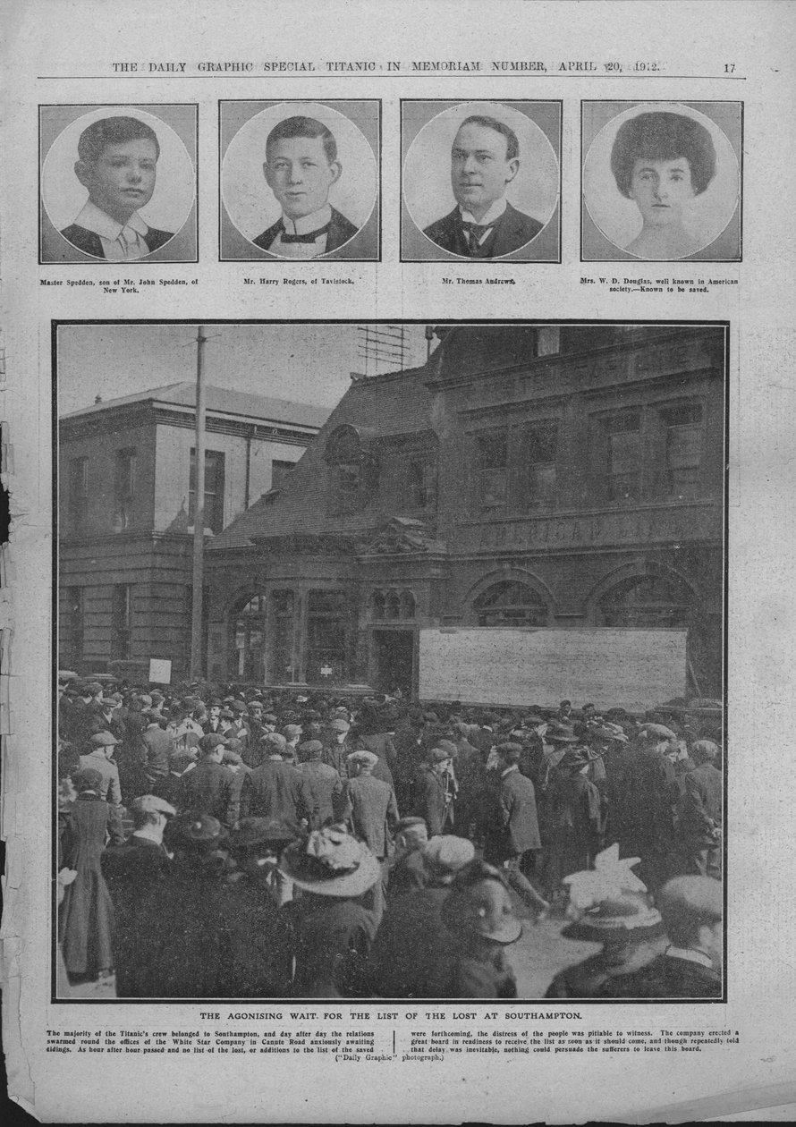 1912年4月20日，在南安普敦举行的《痛苦的等待失踪者名单》。 作者 不明