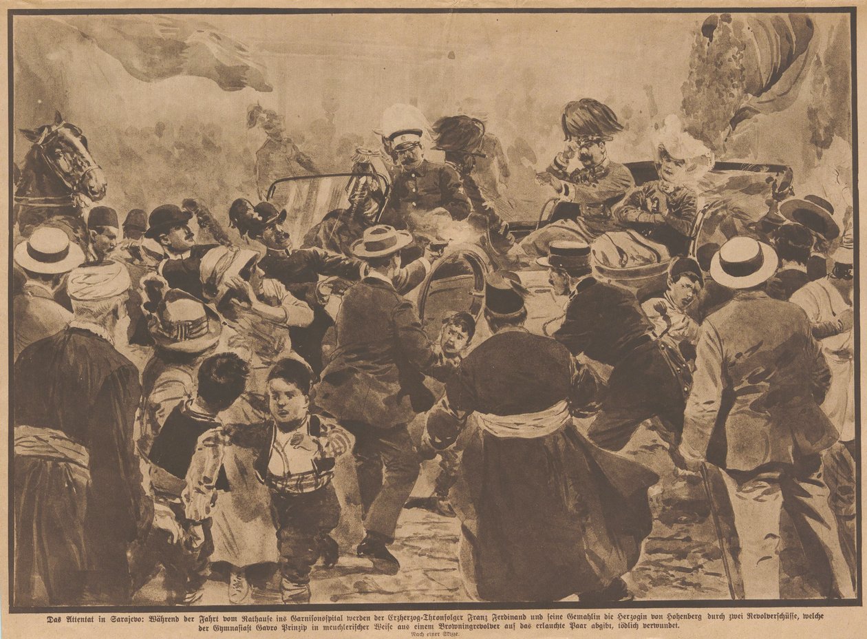 1914年6月28日，奥地利大公弗兰兹-斐迪南及其妻子在萨拉热窝被刺杀。 作者 不明