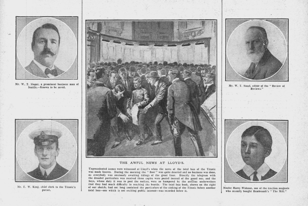 1912年4月20日，劳埃德（Lloyds）的可怕新闻，上面写着泰坦尼克号上的一些肖像。 作者 不明