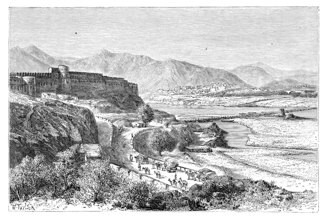 阿特克城堡和印度河上的船桥，1895年 作者 不明