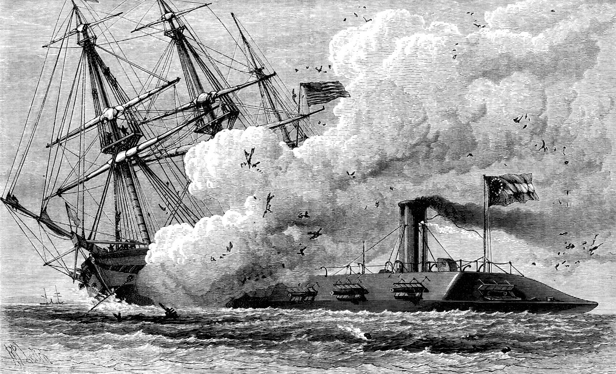 邦联的铁皮梅里马克（Merrimac）击沉坎伯兰号（USS Cumberland），1862年1880年 作者 不明