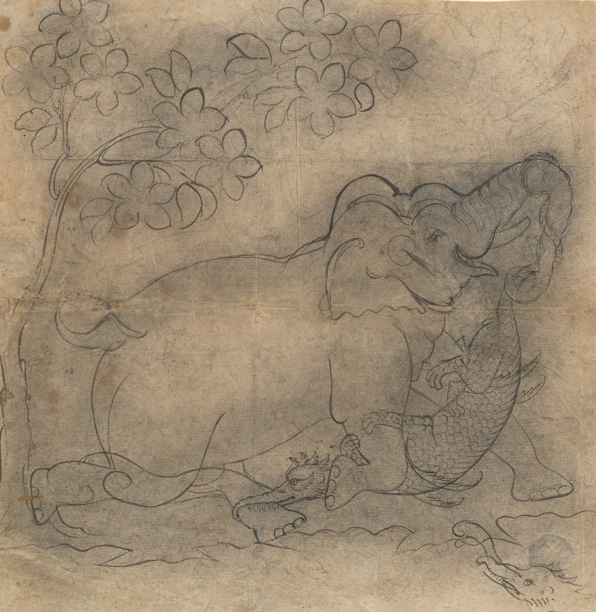 象王与鳄鱼搏斗。Gajendramoksha系列中的插图，19世纪末。 作者 不明