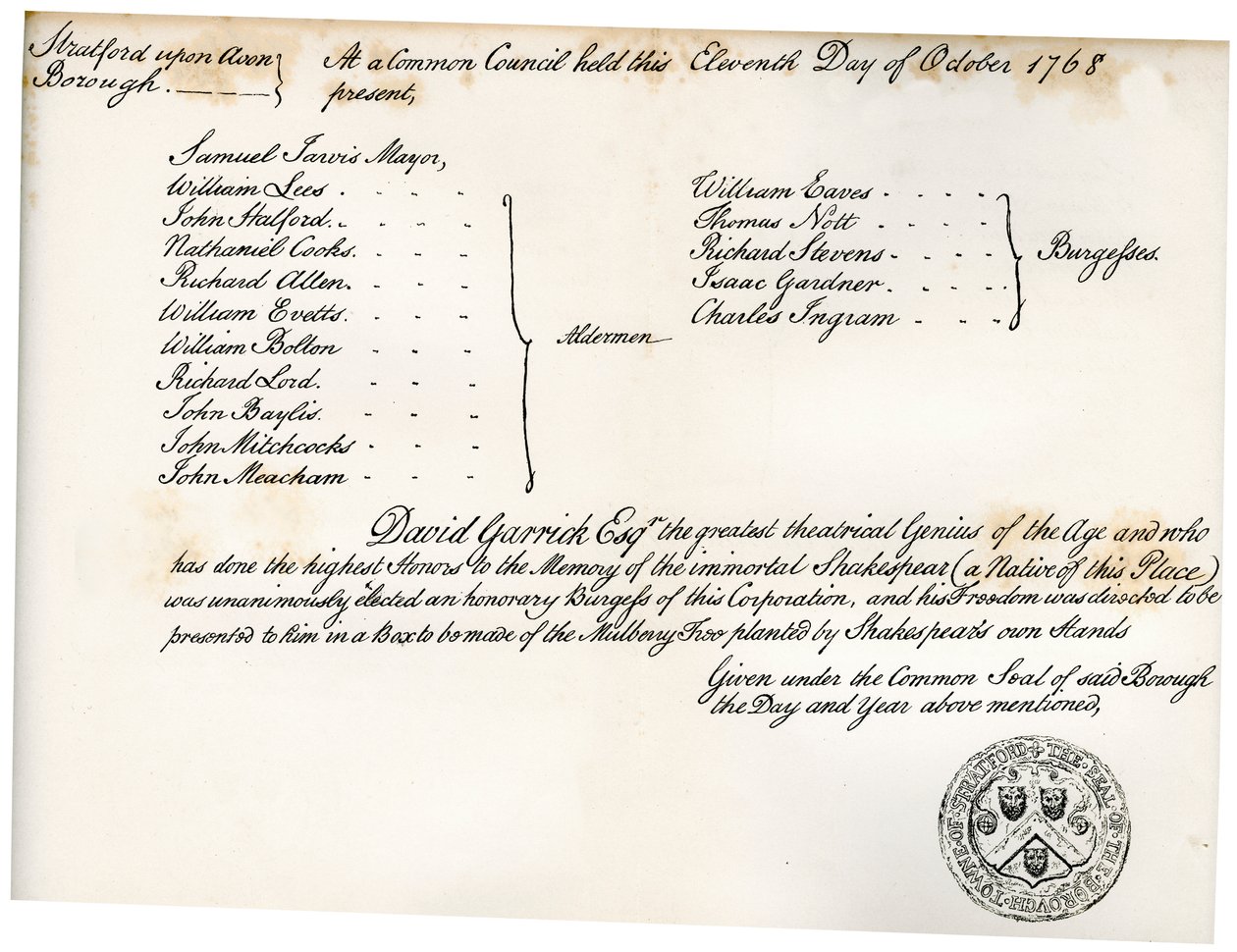 埃文河畔斯特拉特福的自由，献给戴维·加里克（David Garrick），1768年，1840年 作者 不明